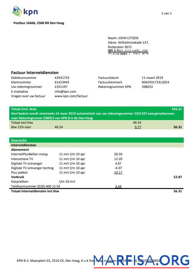 Printable Netherlands KPN utility bill template in Word and PDF format